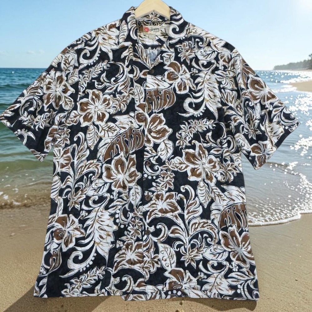 Hilo Hattie Vintage Hawaiian Aloha Shirt Mens L Brown Black Floral Rayon Batik